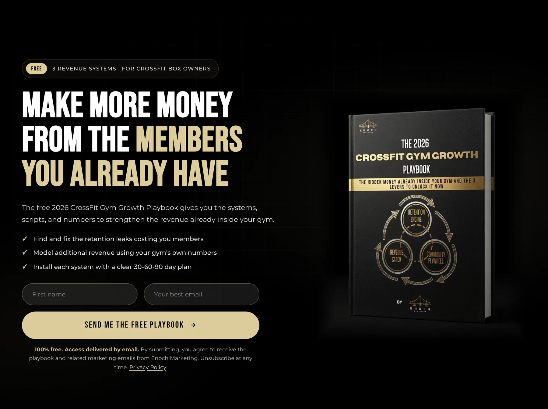 Gym Growth Playbook landing page with the free offer, book cover, and first-name and email form
