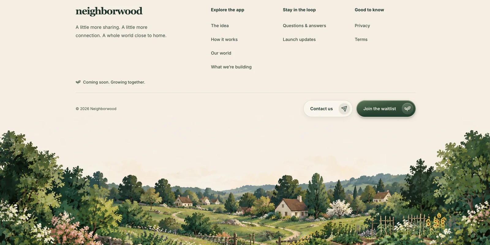 Neighborwood footer with a warm cream background and a peaceful green village connected by winding paths