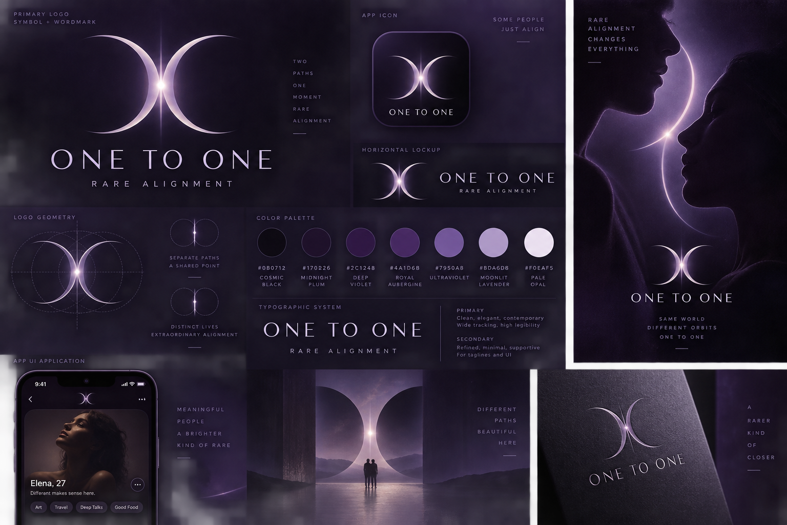 One to One original brand board: crescent identity, purple palette, typography and campaign applications