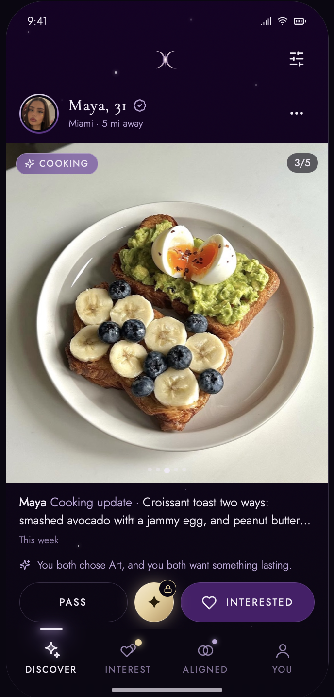 One to One Discover screen with a cooking update, shared interests and pass or interested controls