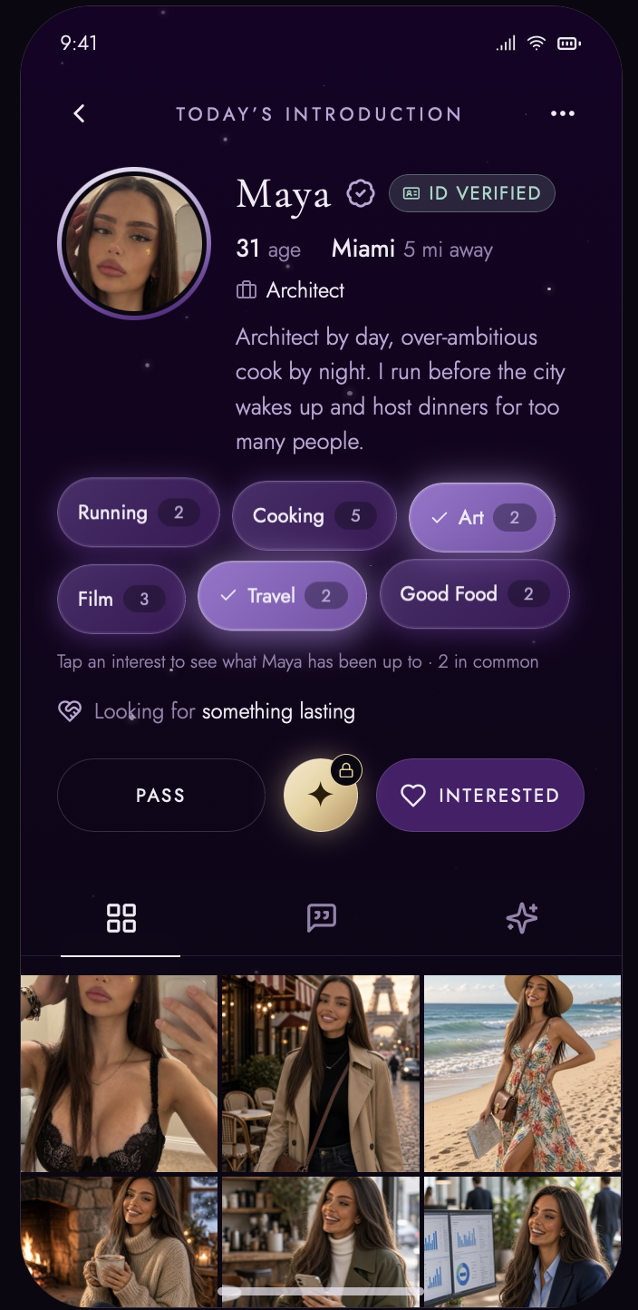 One to One member profile showing identity verification, common interests and personal context