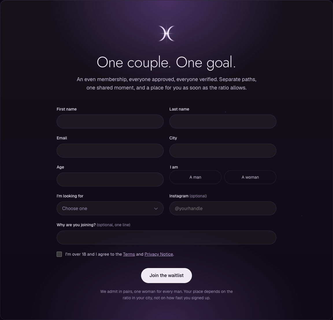 The One to One waitlist form with location, age, relationship intent and consent fields