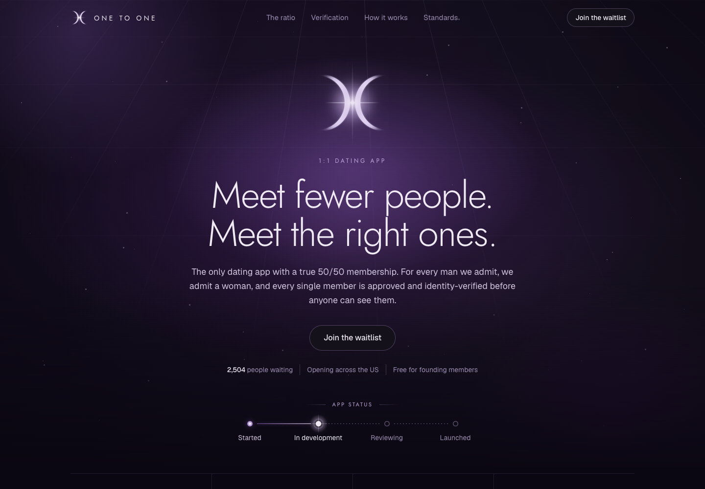 One to One website homepage with the crescent identity, membership proposition and waitlist invitation