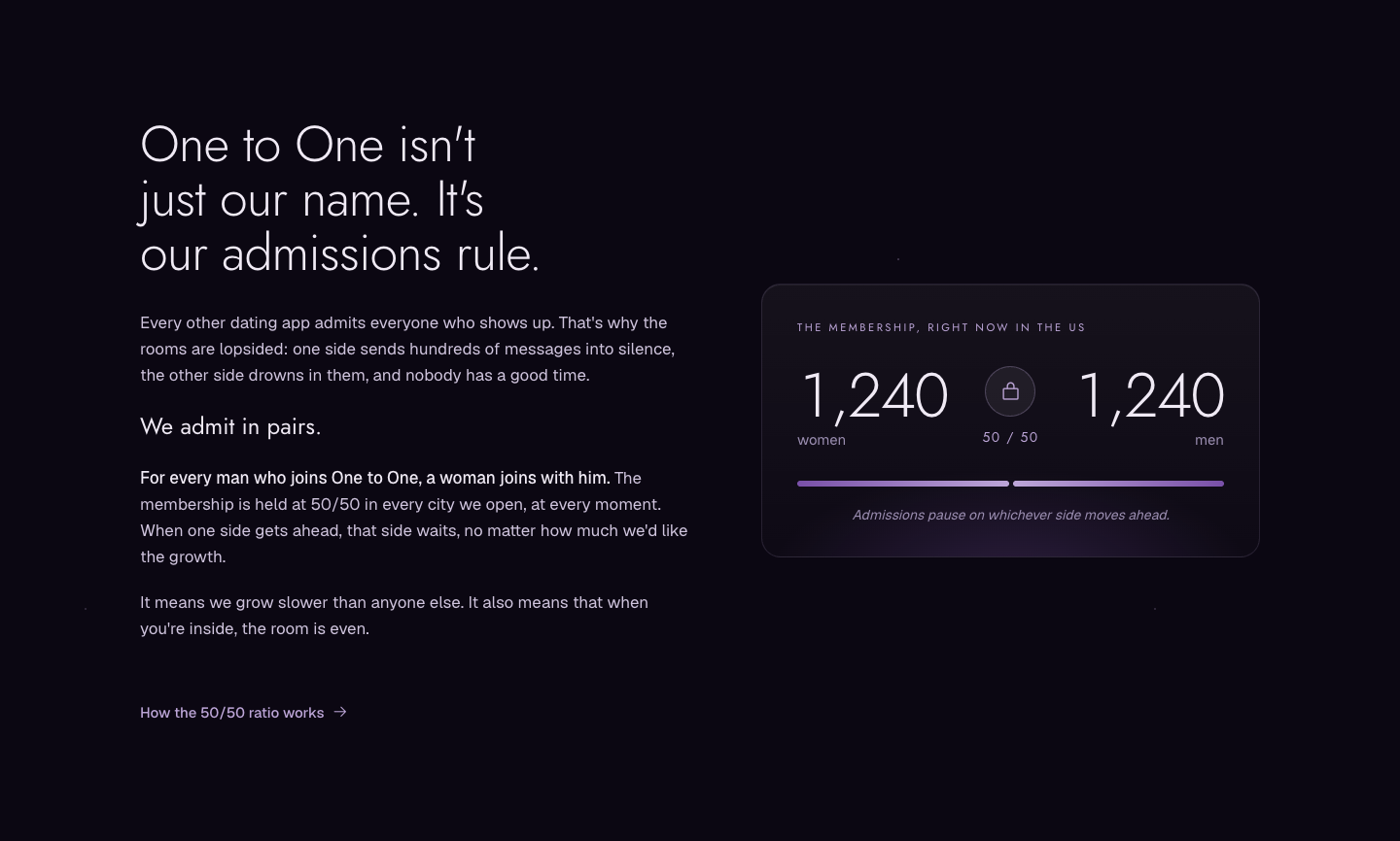 Website section explaining paired admissions alongside a visual 50/50 membership balance